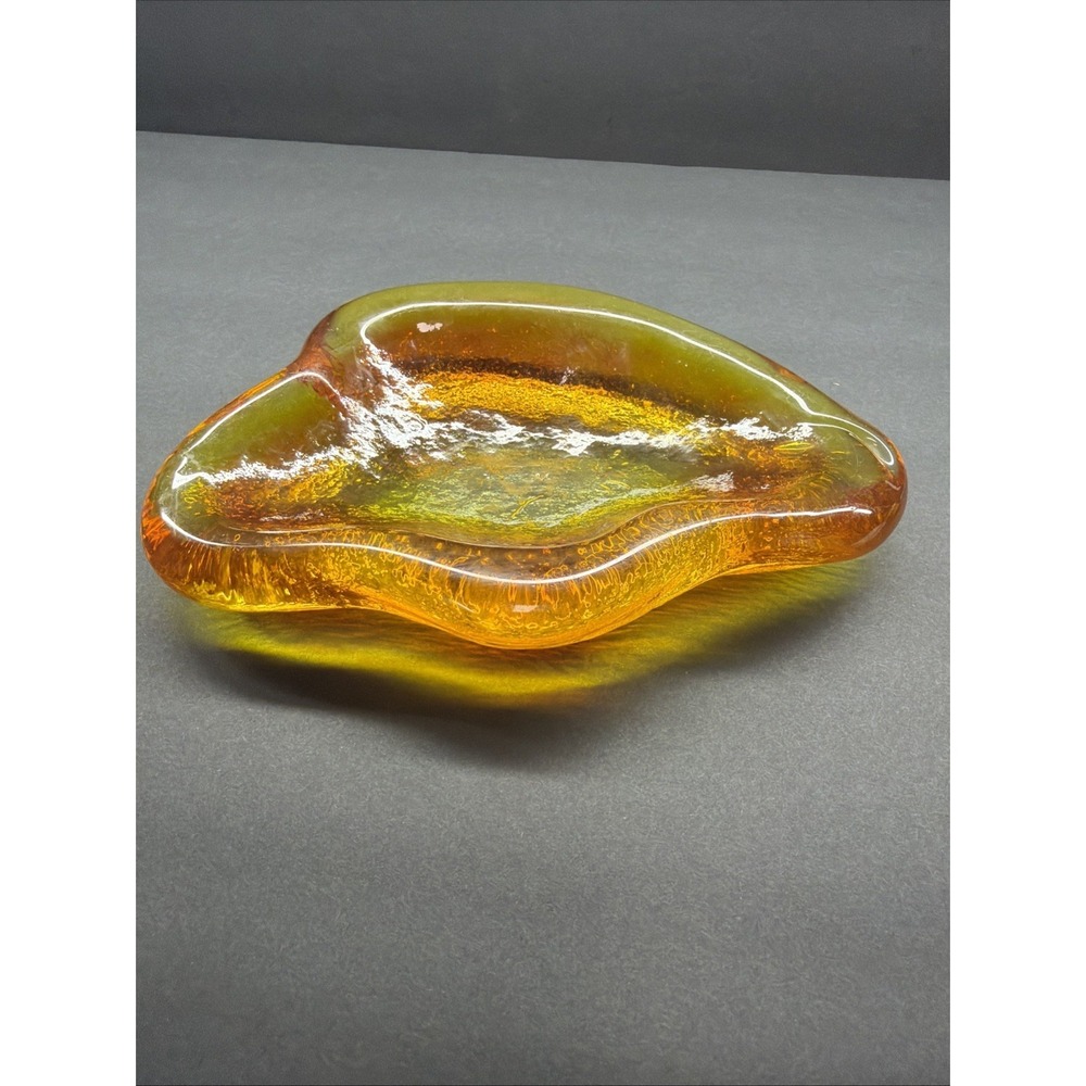 VINTAGE BLENKO GLASS BOWL FREE FORM ASHTRAY ORANGE YELLOW GLASS DECOR MCM